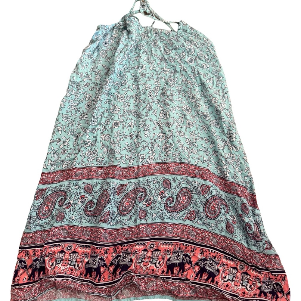 Boho Mint Paisley Mini Dress with Coral Border